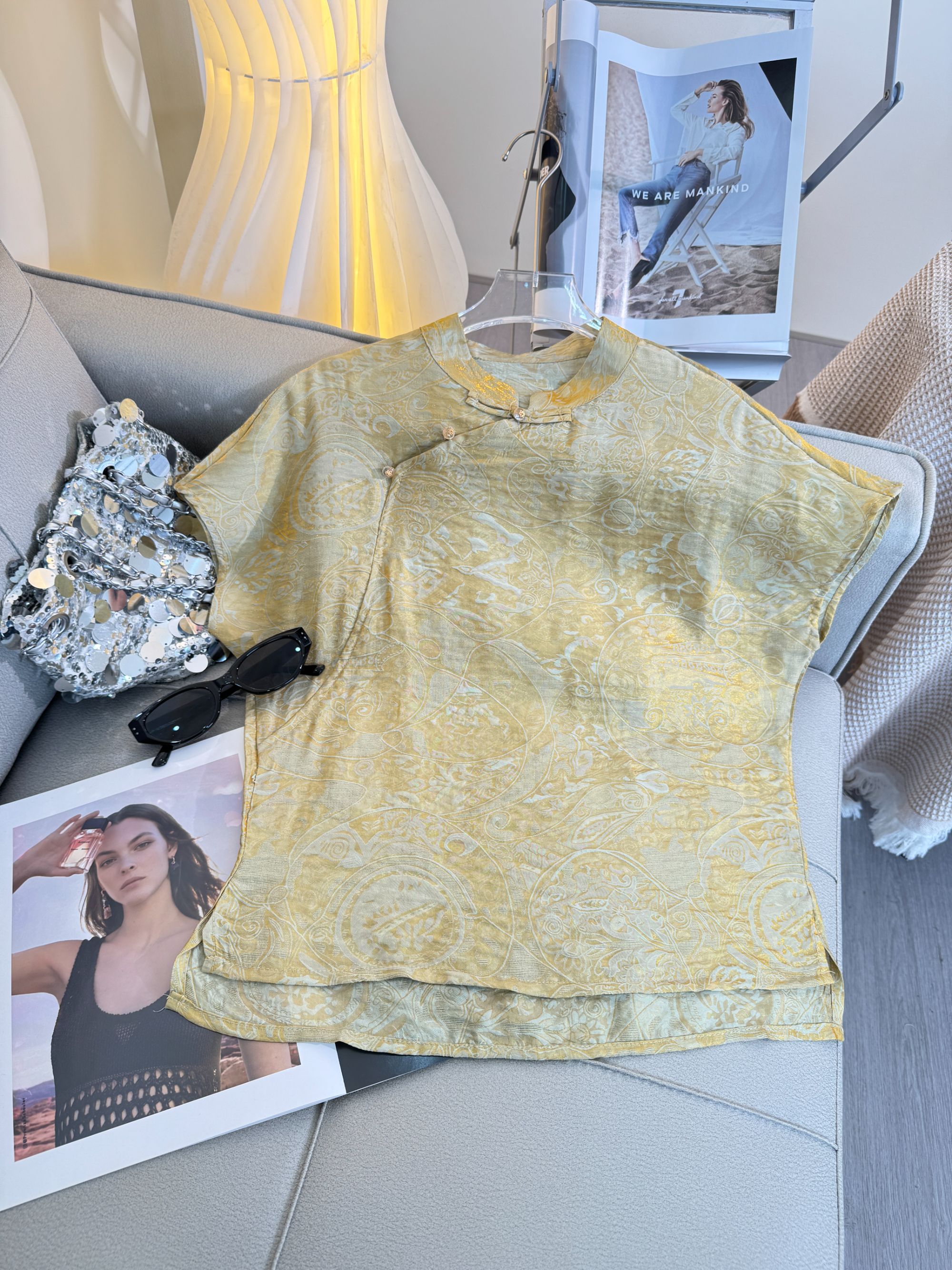 【千丝】轻奢风夏季清爽百搭上衣文艺新款气质人丝斜门襟小衫