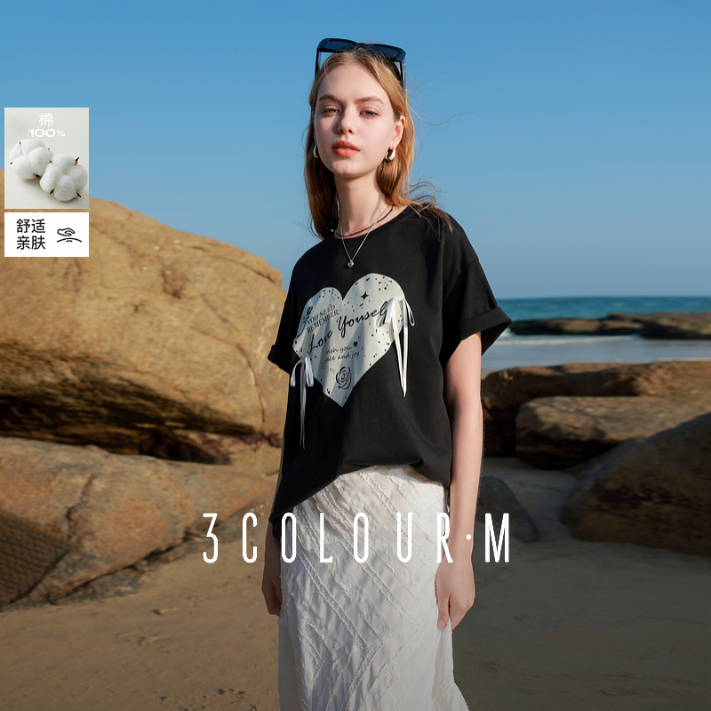 【品牌福利】三彩2025夏季新款蝴蝶结T恤爱心印花圆领宽松落dbx