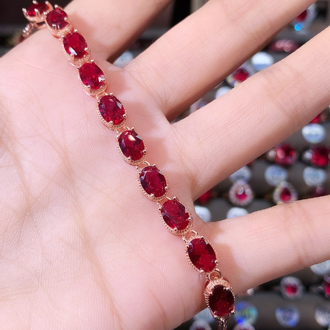 无925银酒红色手链玫瑰金