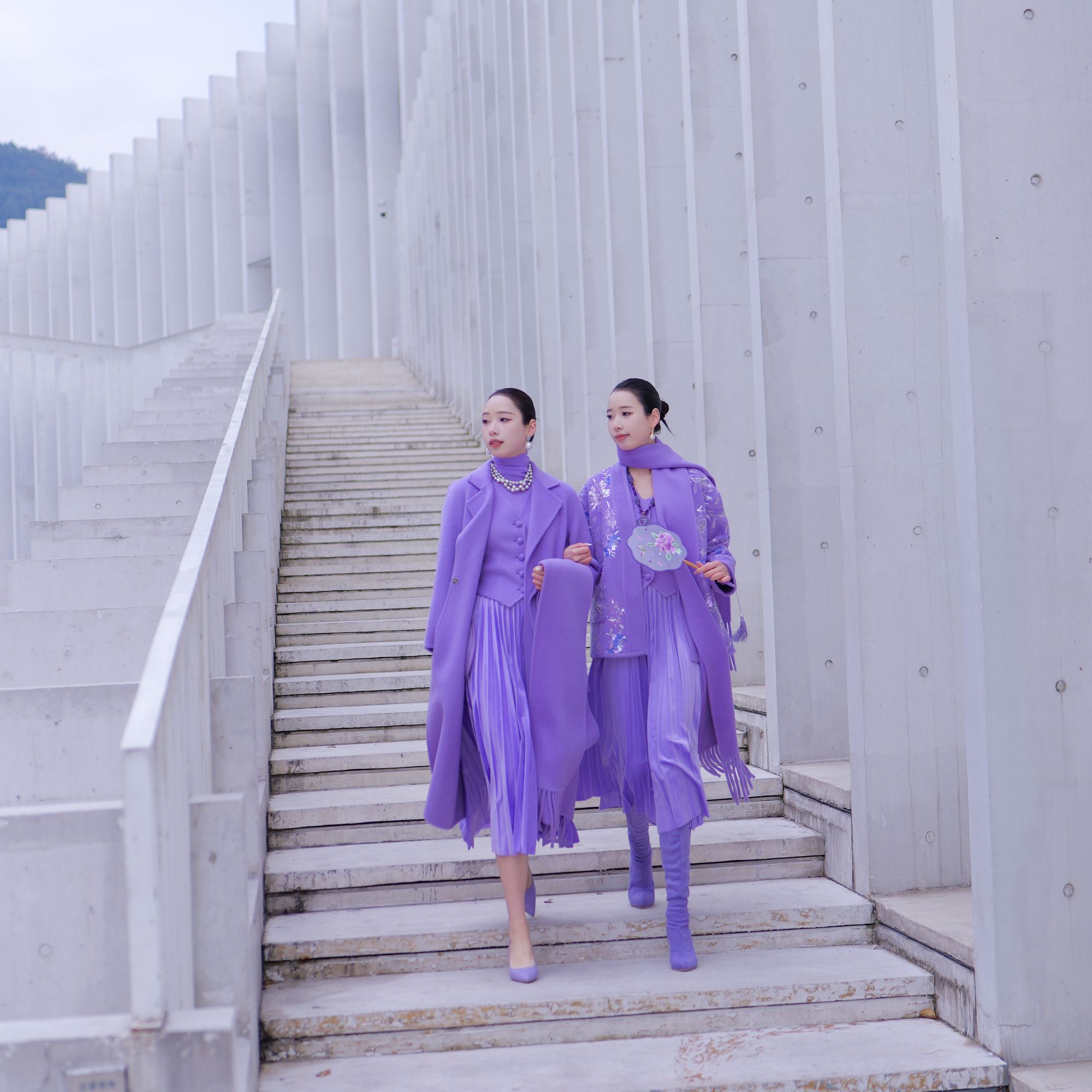 【紫气东来】素色双面呢羊毛长大衣四件套（大衣毛衣裙子马甲）