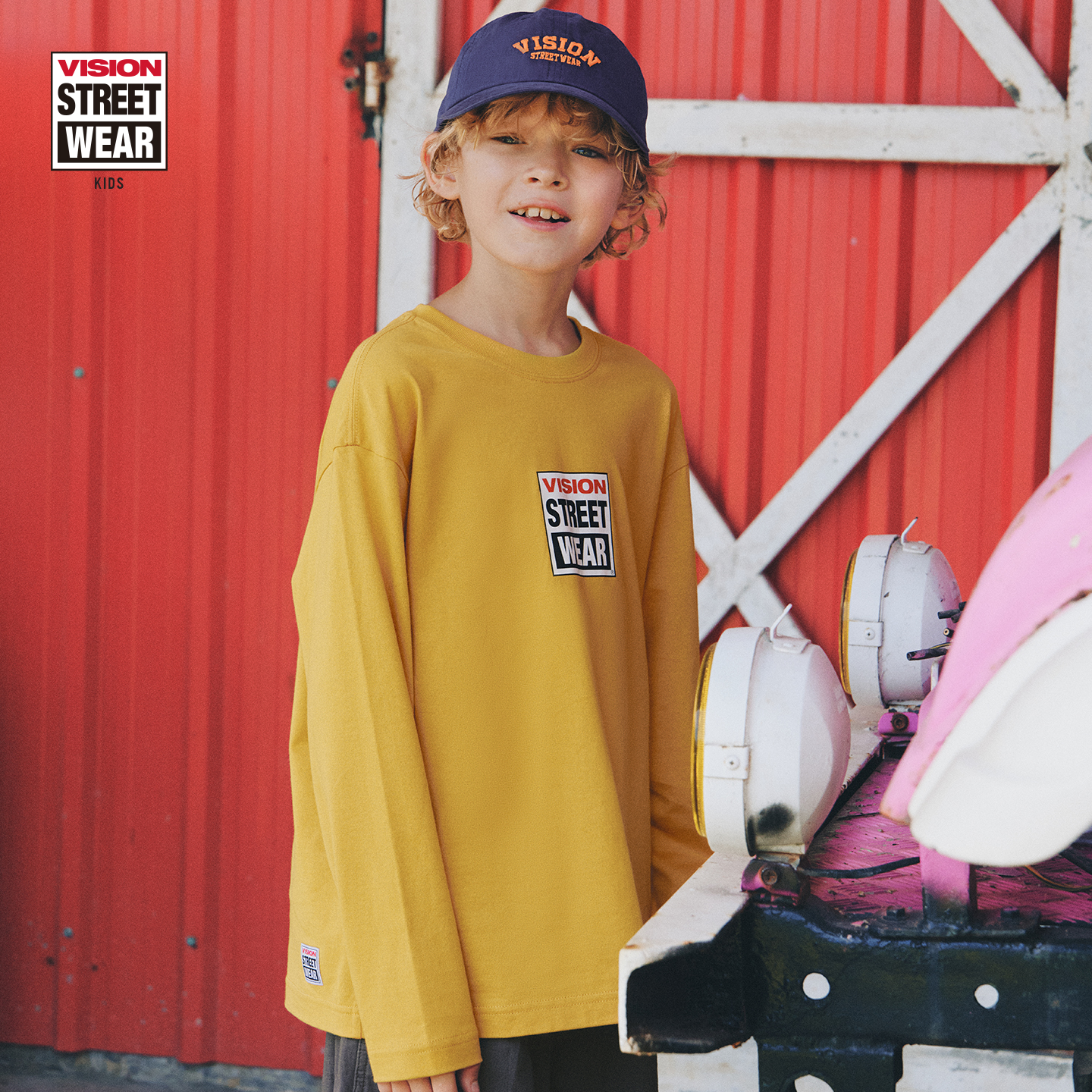 VISION 童装 美式复古BOX LOGO宽松落肩儿童休闲长袖T恤两色