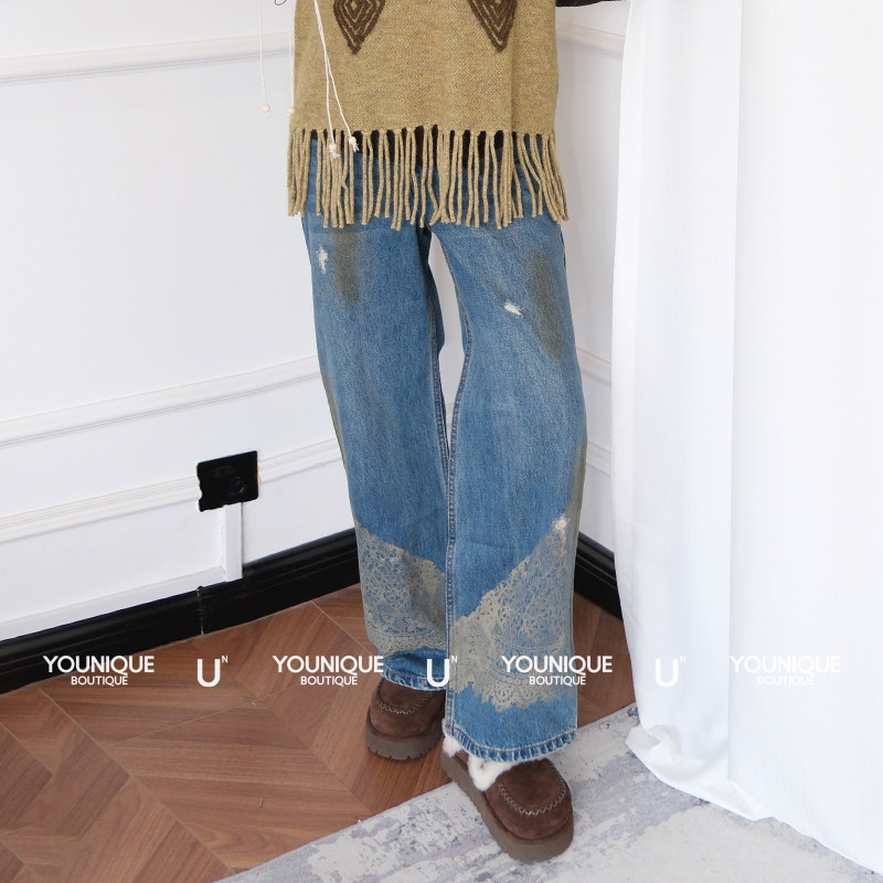 【ICE DUST】新品25秋冬时尚做旧蕾丝脏脏牛仔裤长裤女