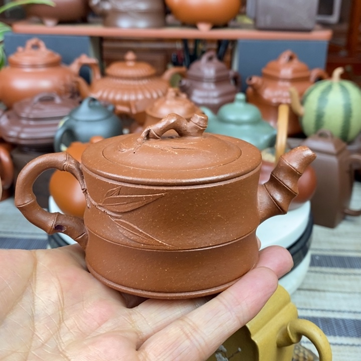 紫砂茶壶竹段130cc原矿宝山红降坡泥
