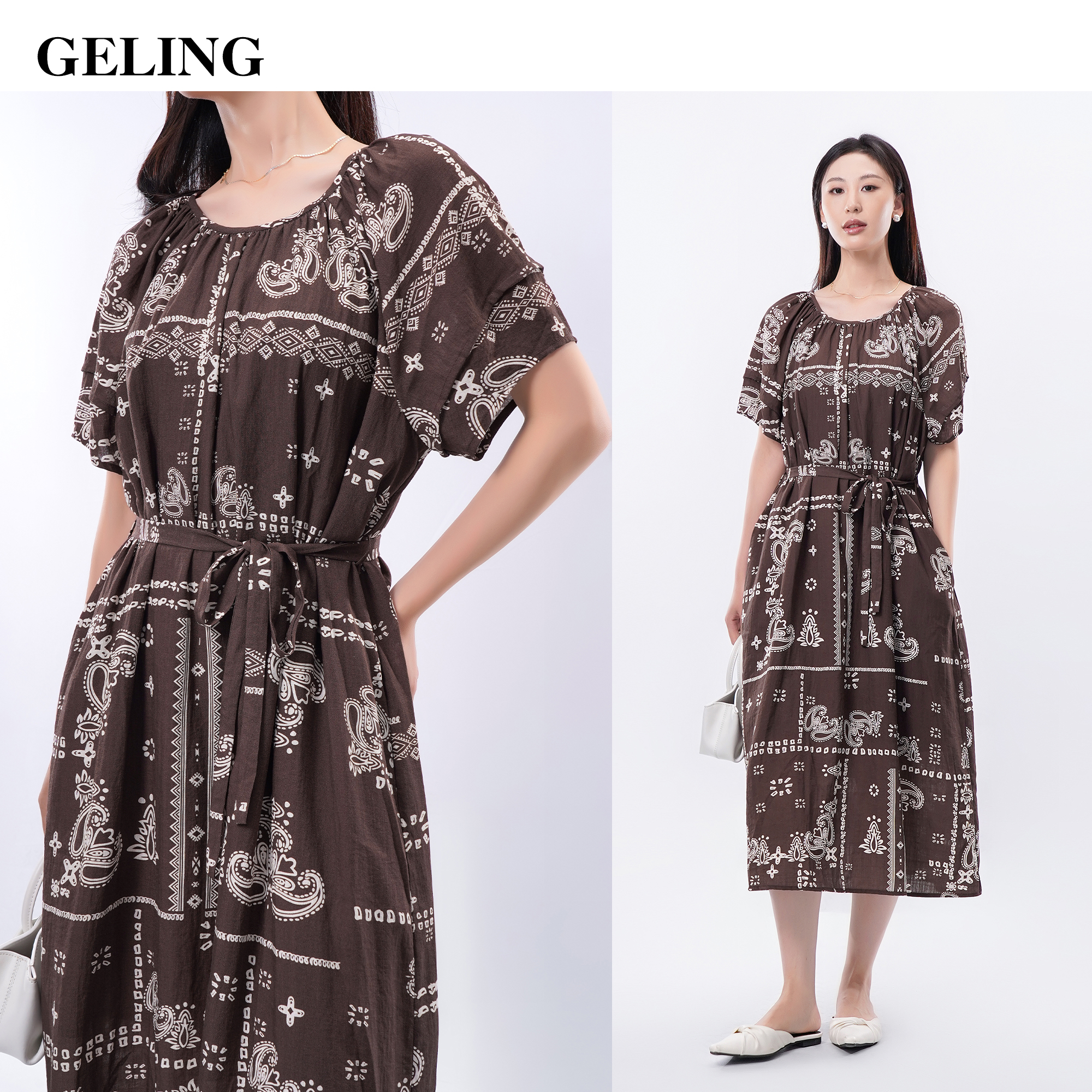 GELING/歌&玲显瘦泡泡袖系带气质时尚夏季宽松连衣裙G505W401L