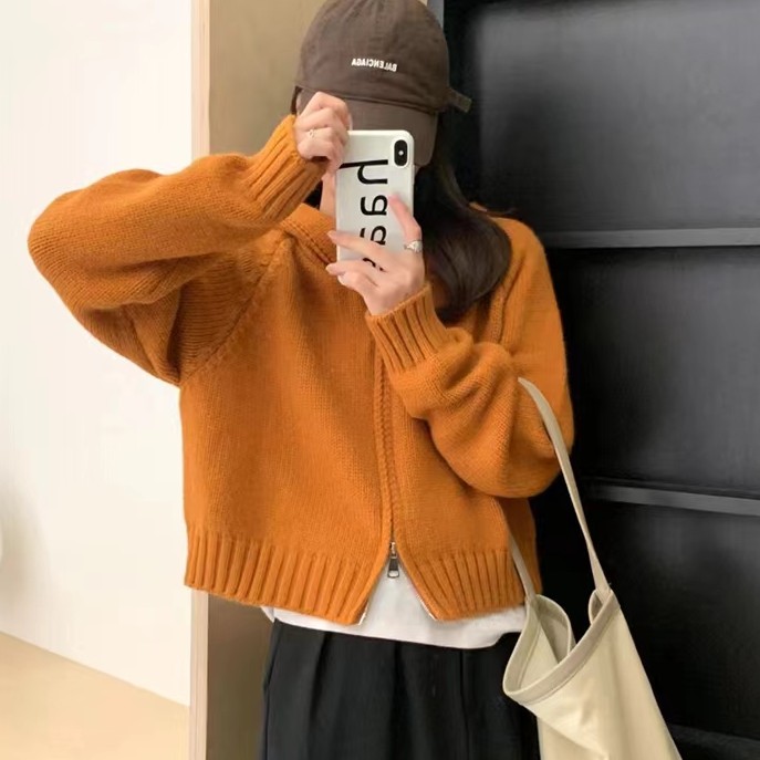 5088秋季新款慵懒风时尚设计感软糯针织衫女宽松翻领拉链开衫