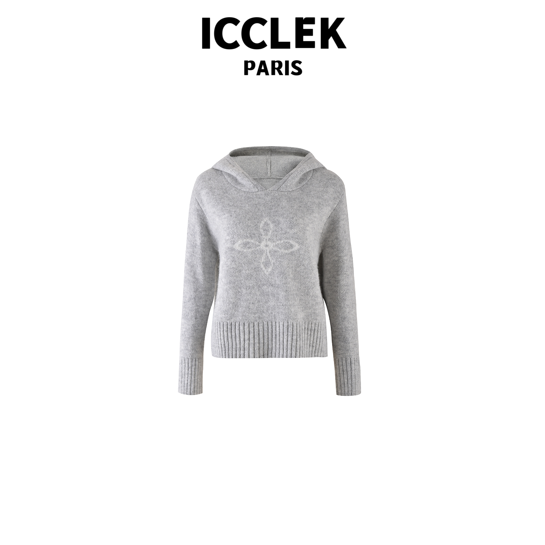ICCLEK 灰色连帽套头针织衫 时尚 圆领 秋冬 -5047