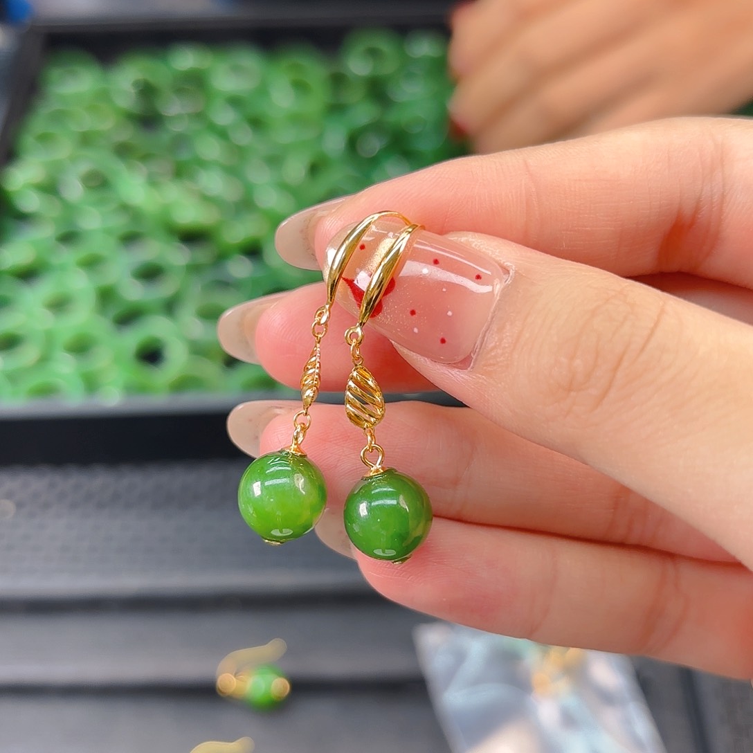 颈饰银S925镶嵌和田玉（碧玉）碧玉单珠耳环新款