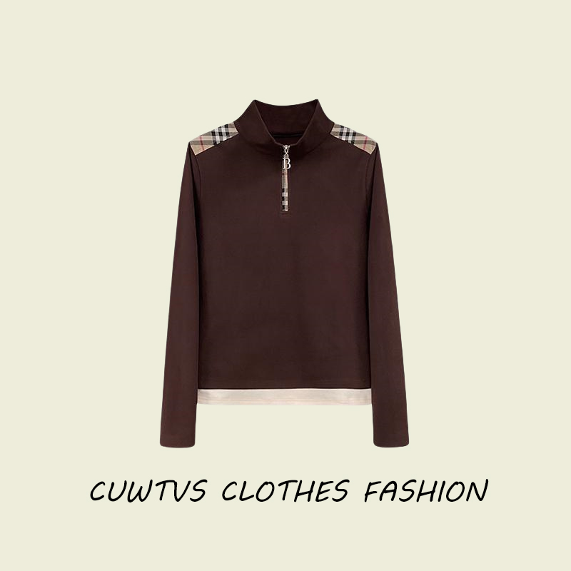 秋季新款德绒打底衫女半拉链格子拼接设计感长袖气质立领显瘦上衣