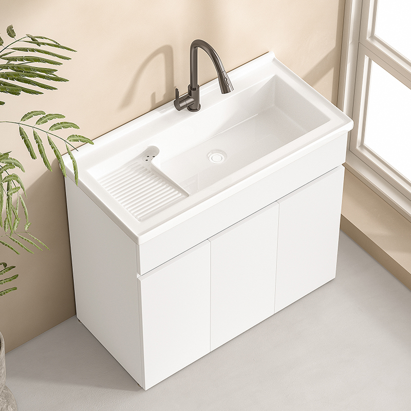 纯白蜂窝铝小户型阳台落地洗衣机柜陶瓷一体盆浴室柜