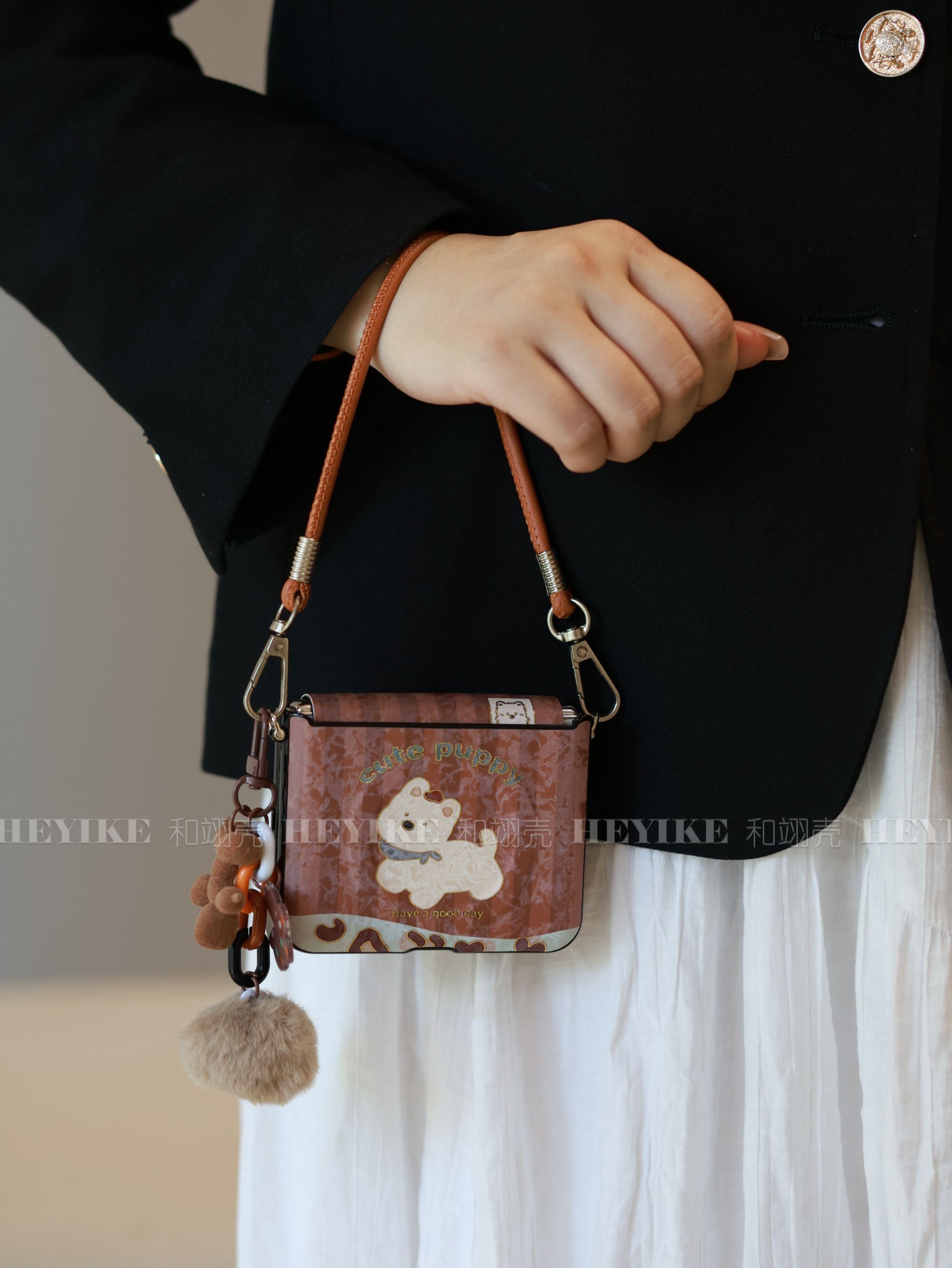 秋冬新款棕色小狗适用华为purax手机壳小米mixflip2斜挎pocket2