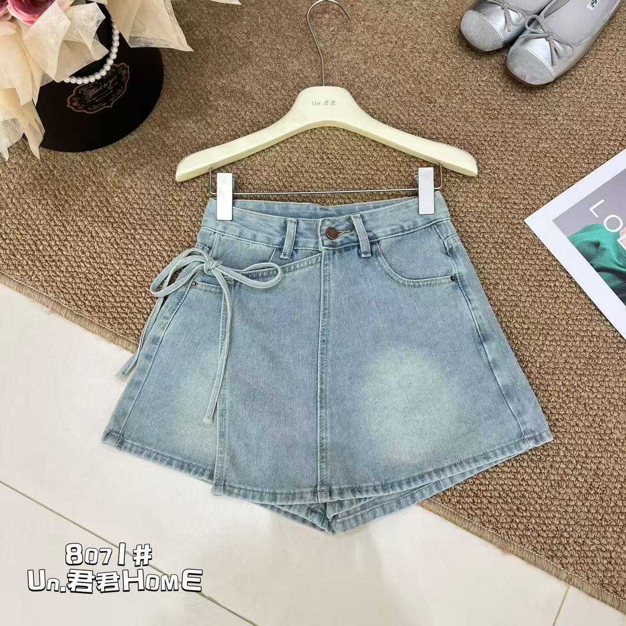 君君家【绑带裤裙】8071高腰侧边绑带无弹不规则牛仔裤裙