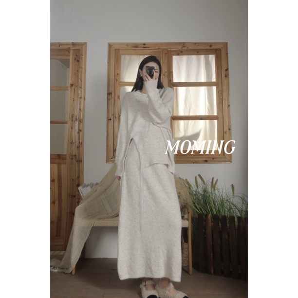 MOMING秋季新品 绮幻 韩系重工钉珠开衩毛衣加厚针织半裙套装