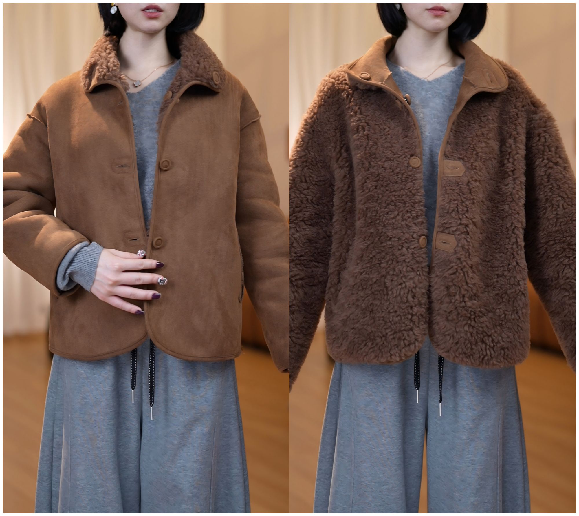 【6001】100%羊毛外套双面双穿宽松显瘦时尚加厚保暖-菲
