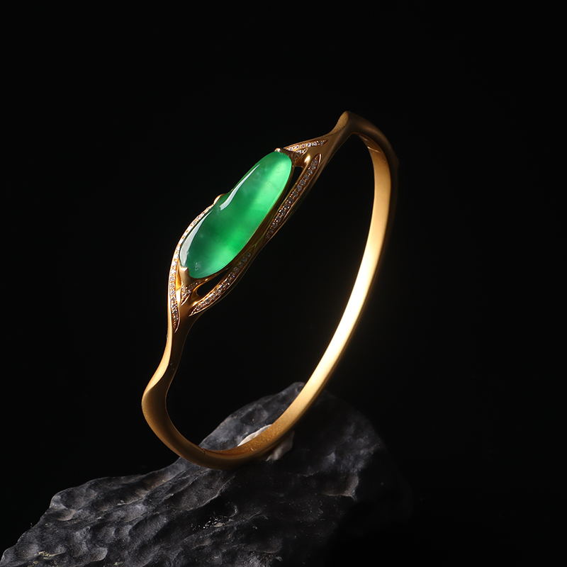 名玉艺术【璀璨】天然缅甸翡翠 18K金镶嵌 冰种阳绿 翡翠手镯