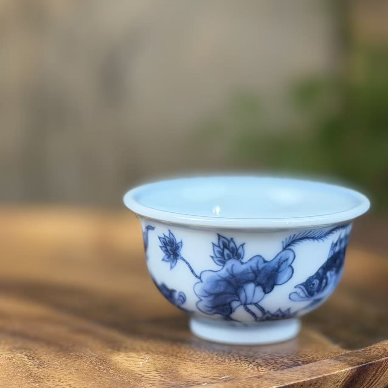 望月怀古鱼藻迷你压手荷花内绘WYHG100纯手工名窑