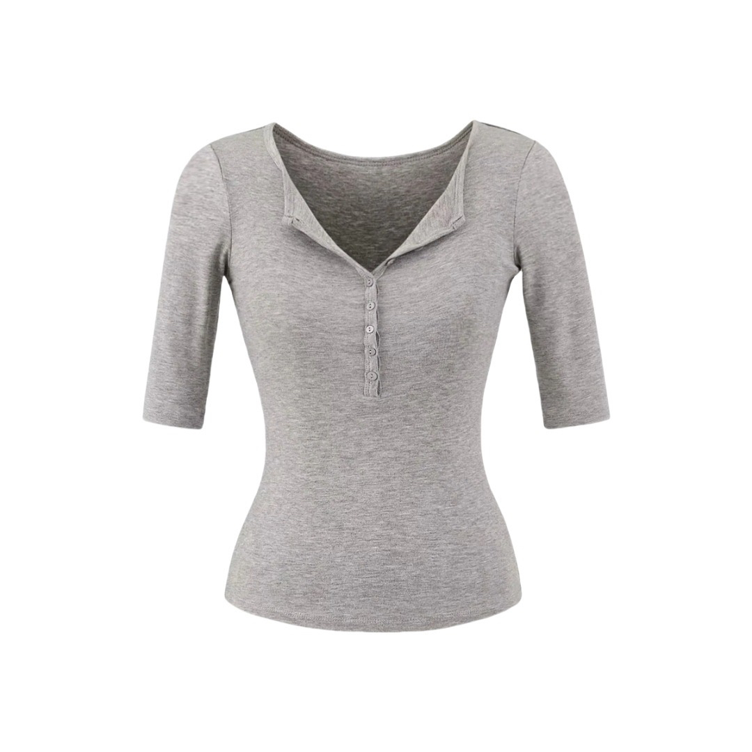 【悦己】小众辣妹纯欲风V领纽扣中袖T恤女欧美风纯色弹力修身上衣