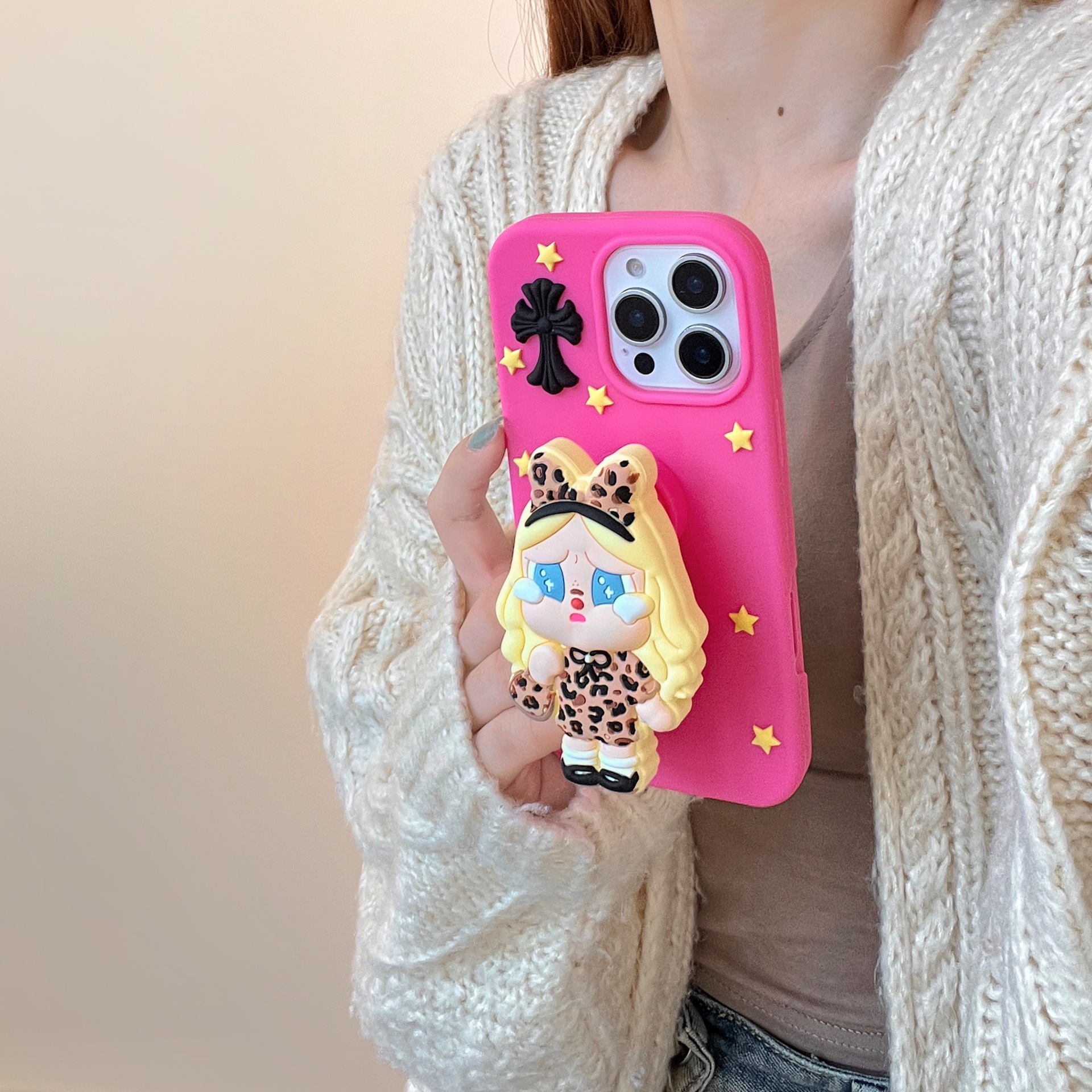 可爱豹纹辣妹哭娃支架iPhone17苹果16适用15/14pro max手机壳套13