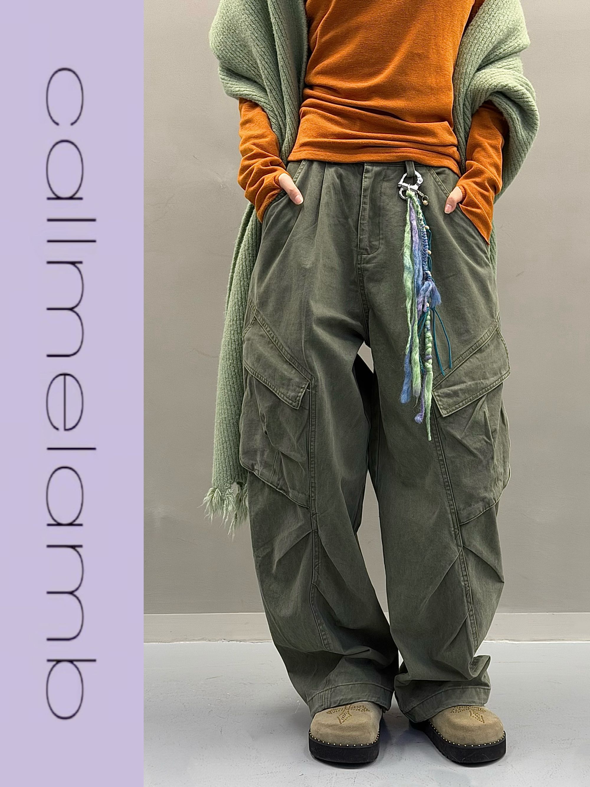 “褪色薄荷”四季可穿遮跨重水洗做久斜袋弧形剪裁可收口工装伞兵裤