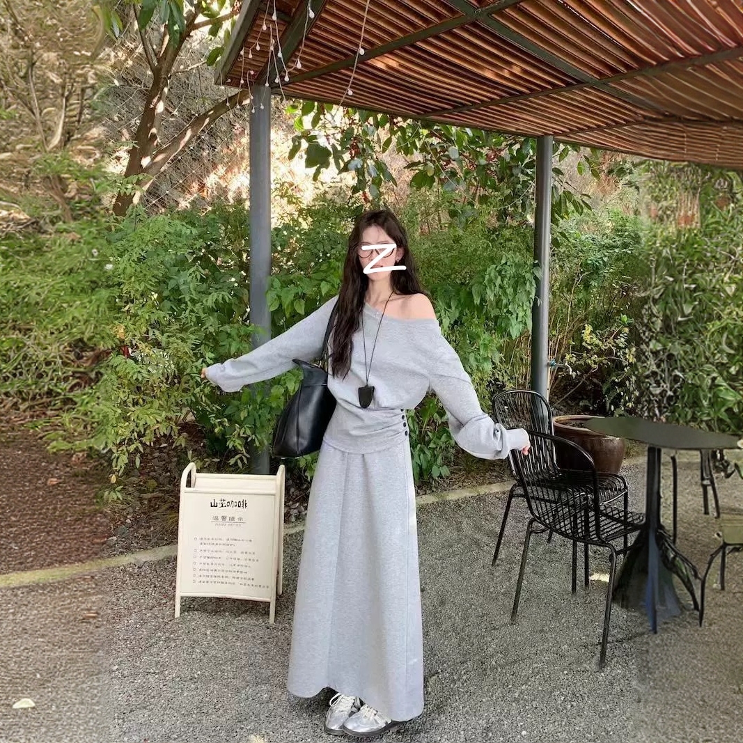 大码女装春季韩系气质千金风高级感斜肩收腰上衣高腰半身裙两件套