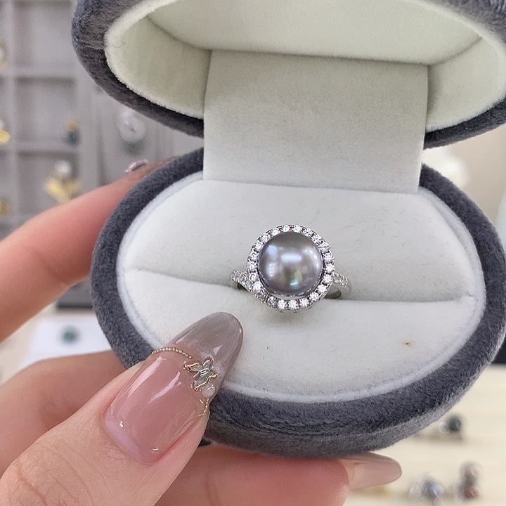海水珍珠戒圈银S925镶嵌铂金灰戒指
