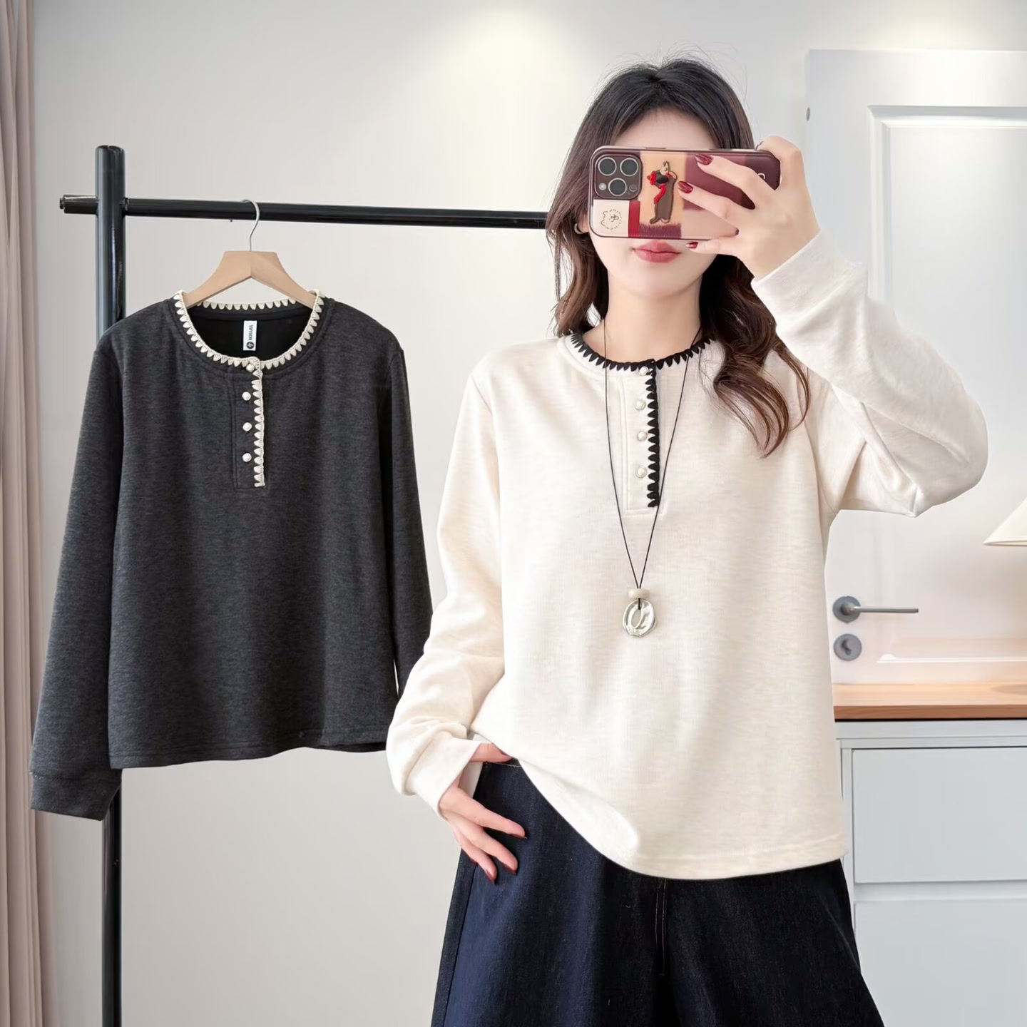 大码胖mm韩系亨利领长袖t恤女冬季设计感加绒加厚内搭打底衫519