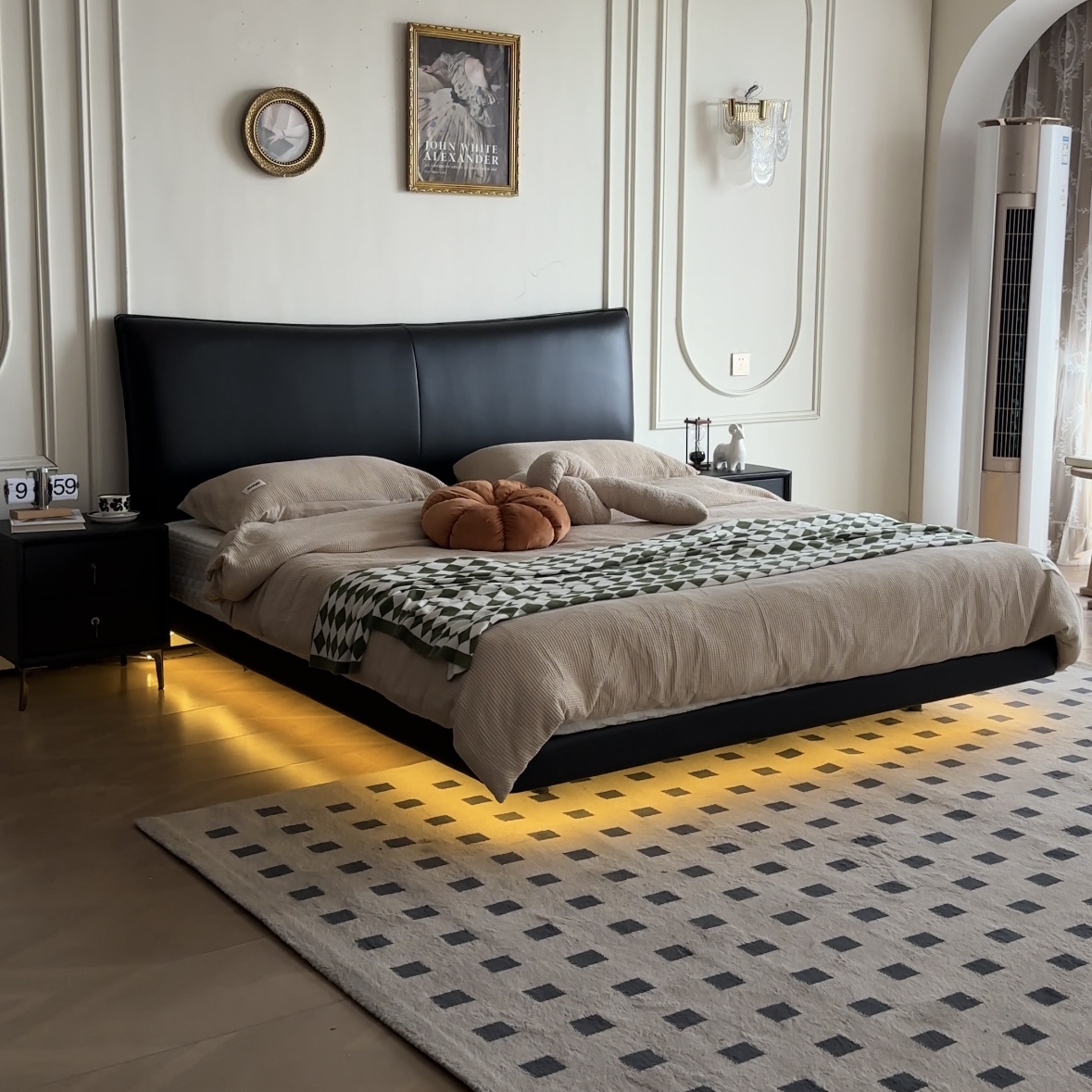 席梦思头层牛皮意式悬浮床意式极简皮床双人床主卧大床婚床皮床