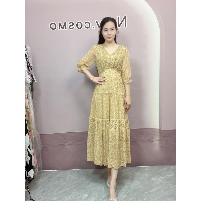 【深圳南油沐溪女装】新款夏季桑蚕丝法式碎花气质显瘦长款连衣裙