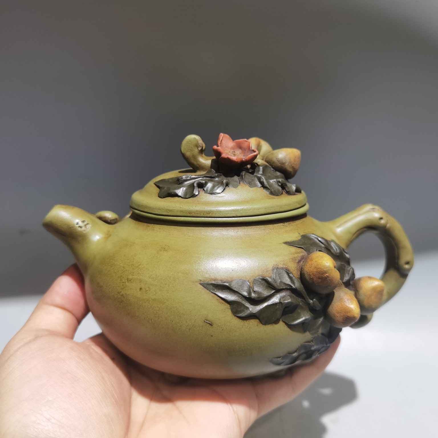 寿桃壶宜兴大容量420cc绿泥豆沙青全手典藏