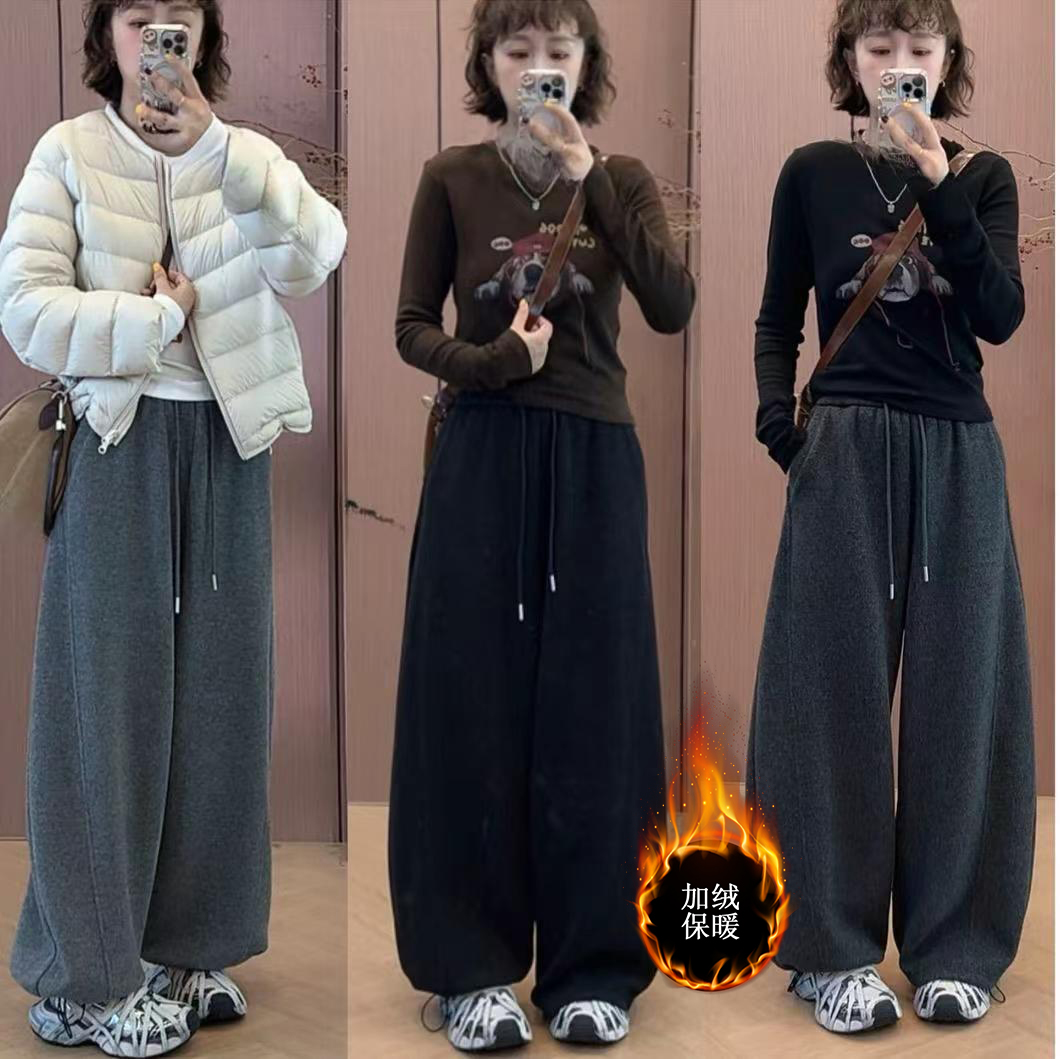羊绒毛呢冬新款韩版加绒加厚阔腿裤女高腰宽松垂感显瘦保暖弯刀裤