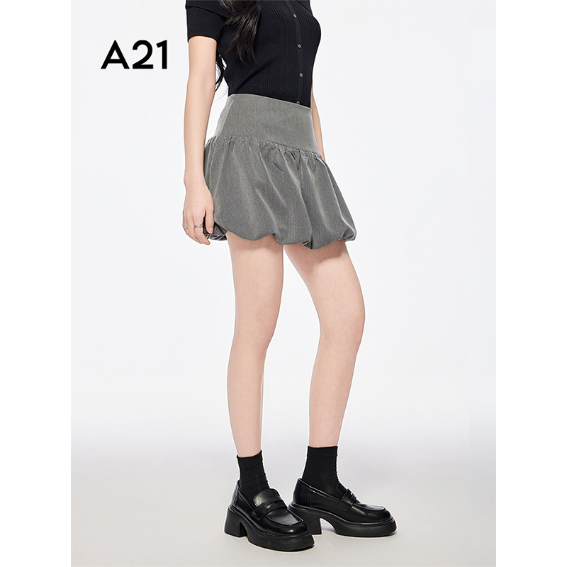 A21女装花灰褶皱蓬蓬裙夏季新款韩版短裙纯色A字裙F452217008