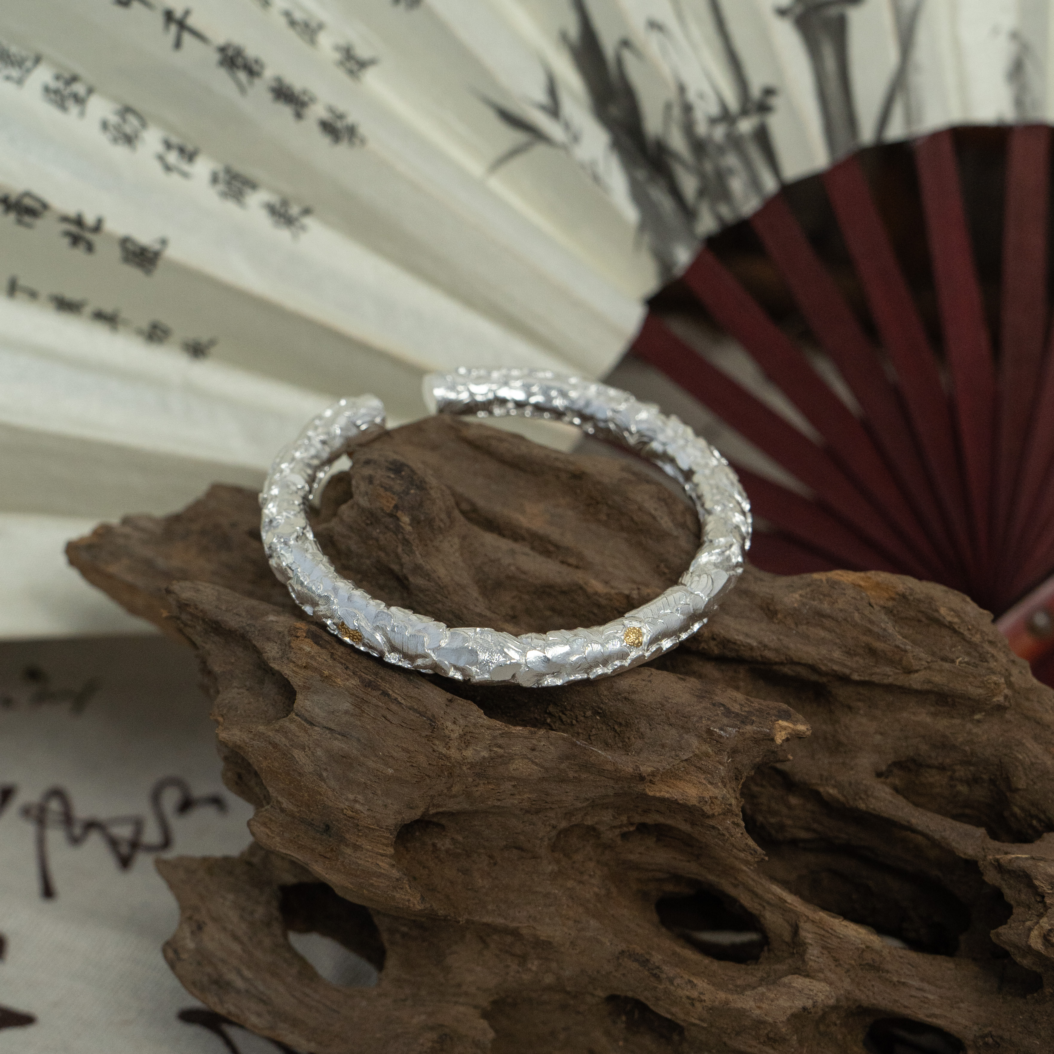 足银手镯 纯手工雕刻牡丹花手镯/72克/足银999.9