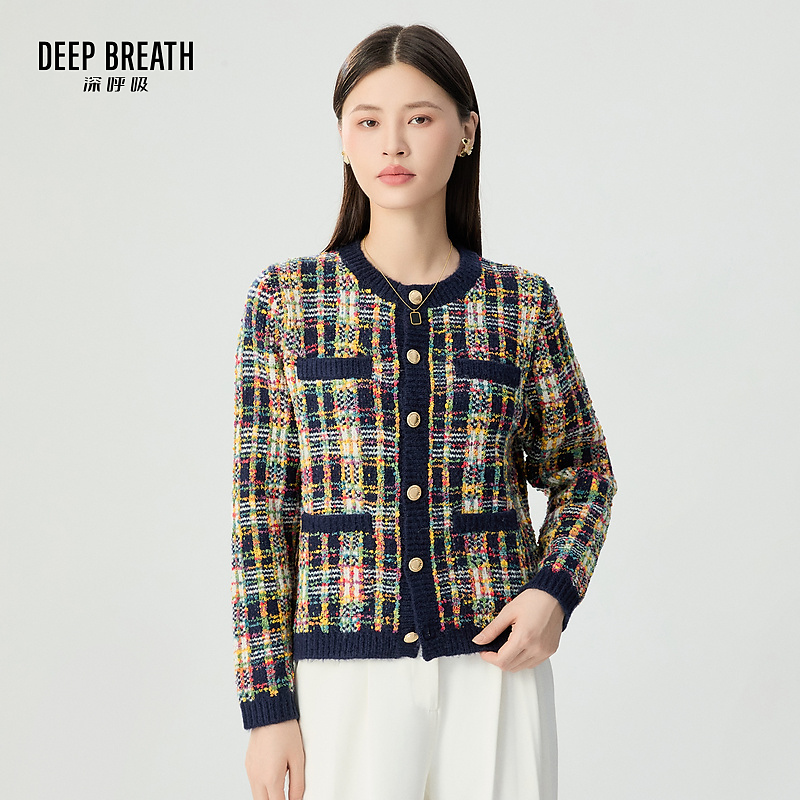 DEEP BREATH深呼吸女装新款时尚小香风拼色开衫外套针织衫A401166