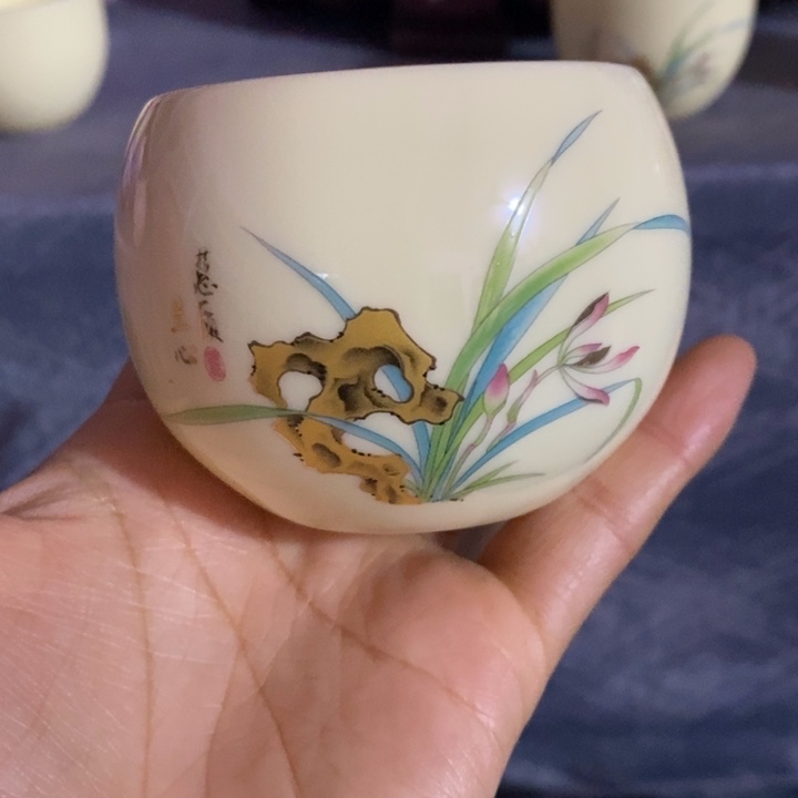 摆件陶黄稀土兰花描金大圆杯