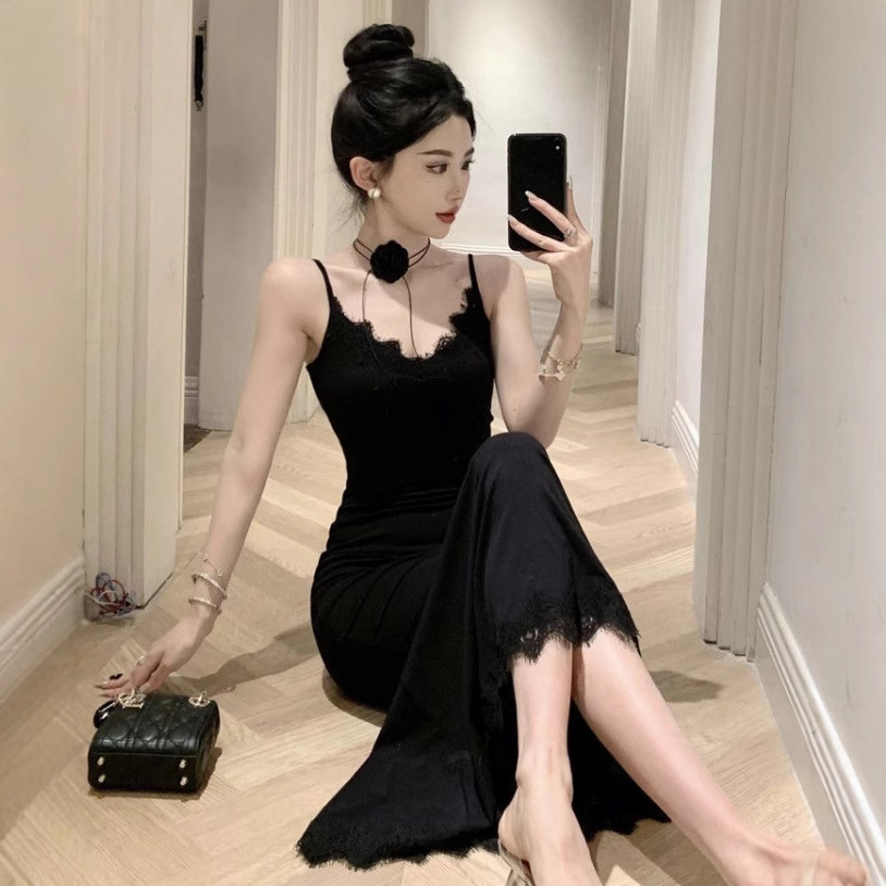 性感纯欲御姐蕾丝V领小吊带连衣裙夏季辣妹收腰黑色包臀