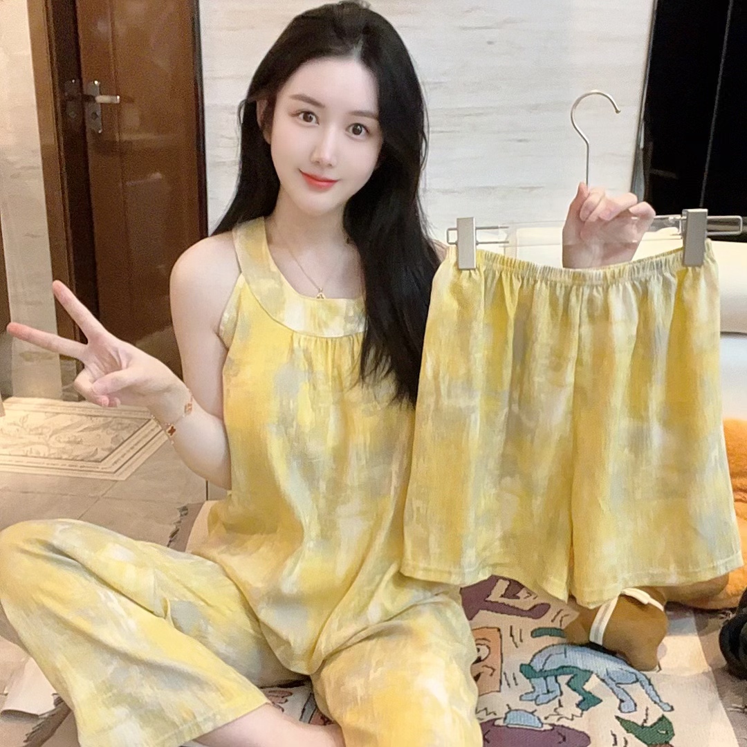 2025夏季新款睡衣女家居服带胸垫三件套