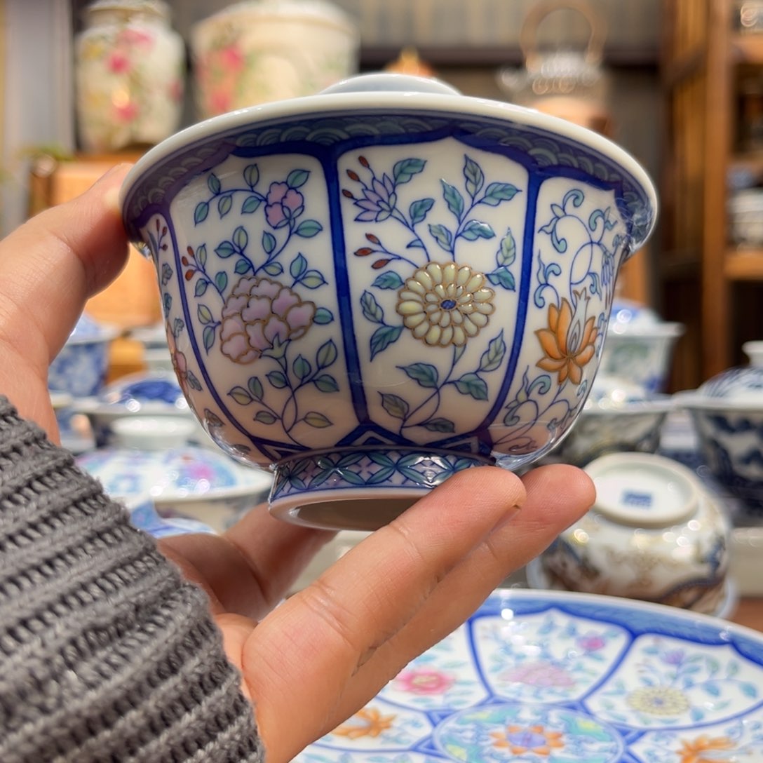 柴窑青花斗彩盖碗1111111