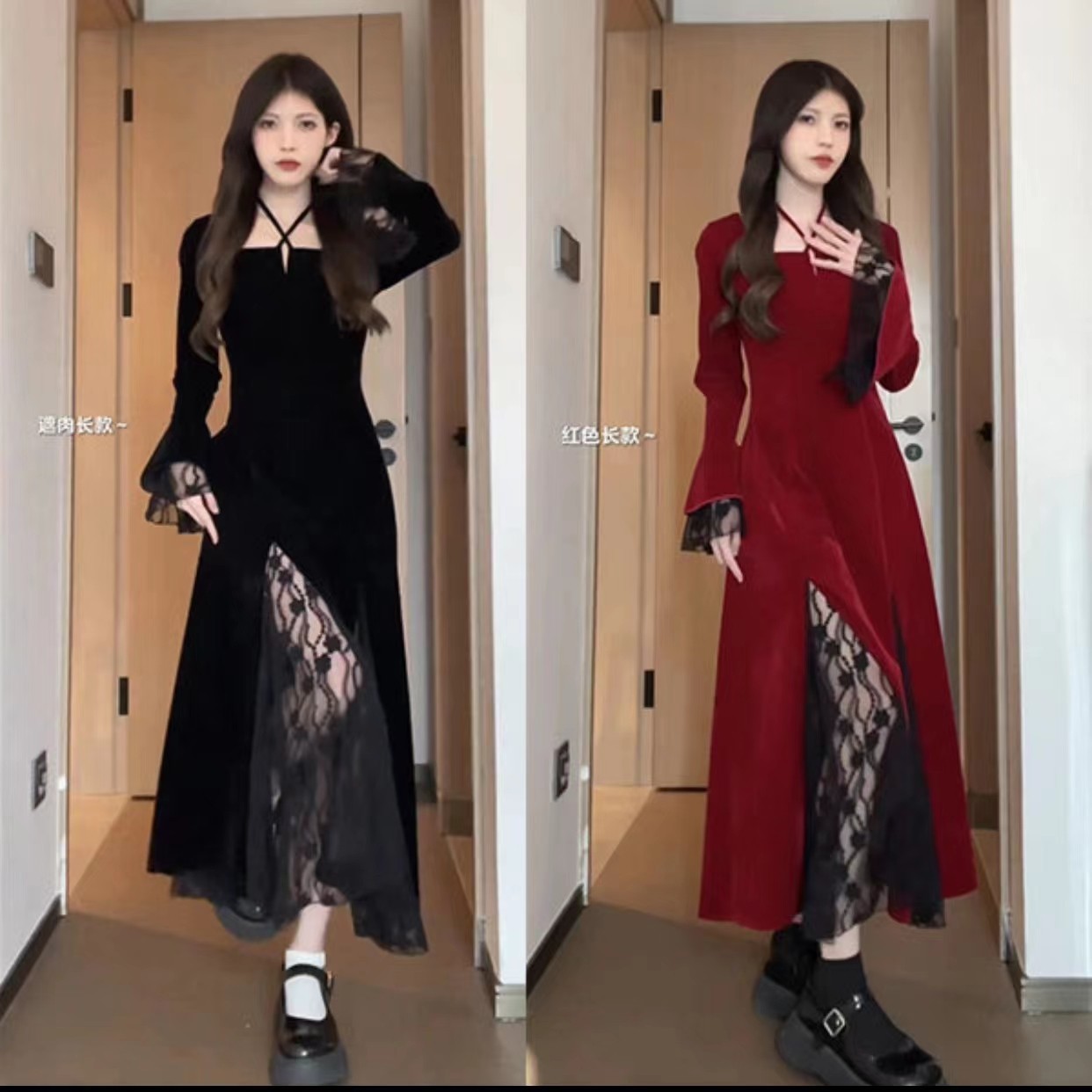 开叉蕾丝裙高级黑色挂脖丝绒连衣裙蕾丝裙