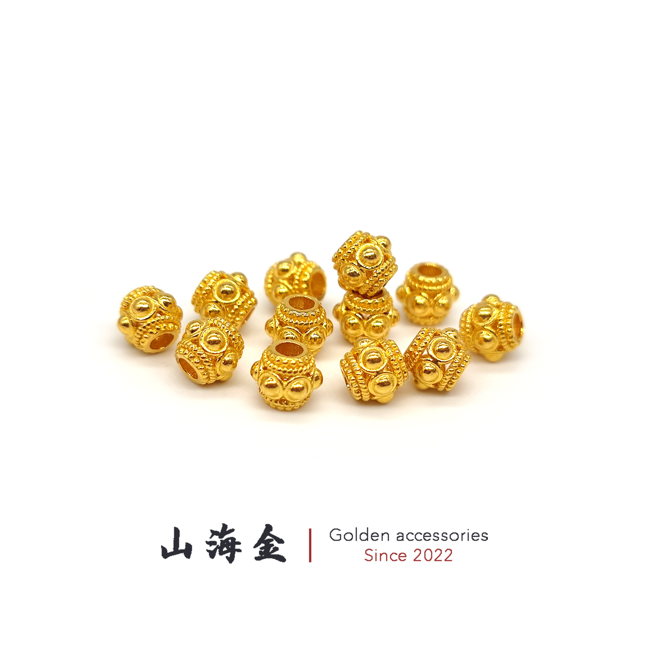 山海金 24K纯黄金999足金乳钉蜻蜓眼小线束背云文玩手串菩提配饰