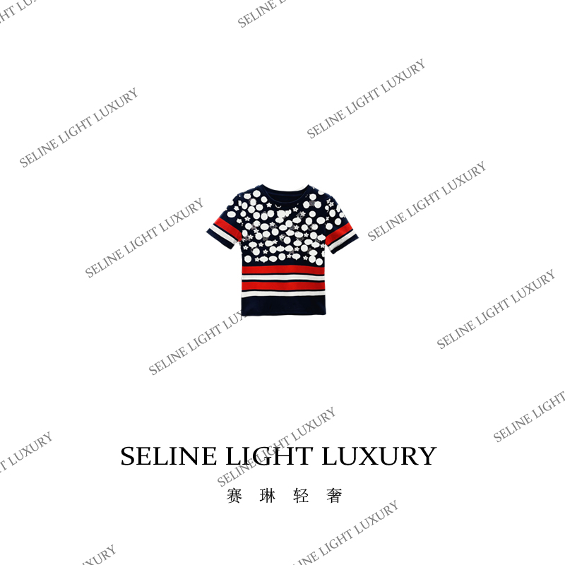 【25C-010】2025 SELINE 春季原创藏蓝老花时尚百搭圆领短袖T恤