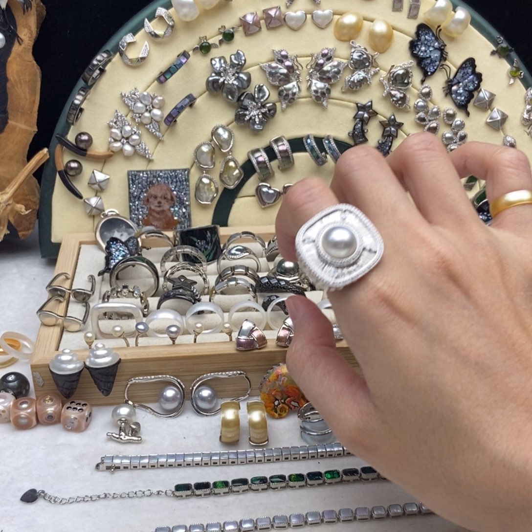 海水珍珠银S925镶嵌画框澳白珍珠戒指