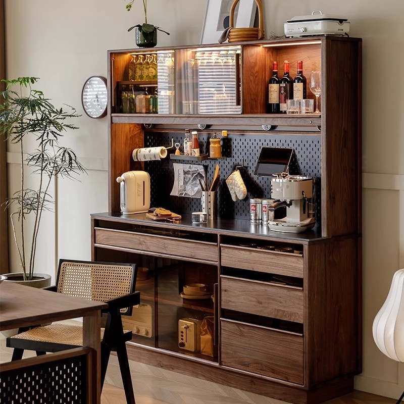 北美黑胡桃木餐边柜一体靠墙家用厨房茶水柜实木大容量客厅储物柜