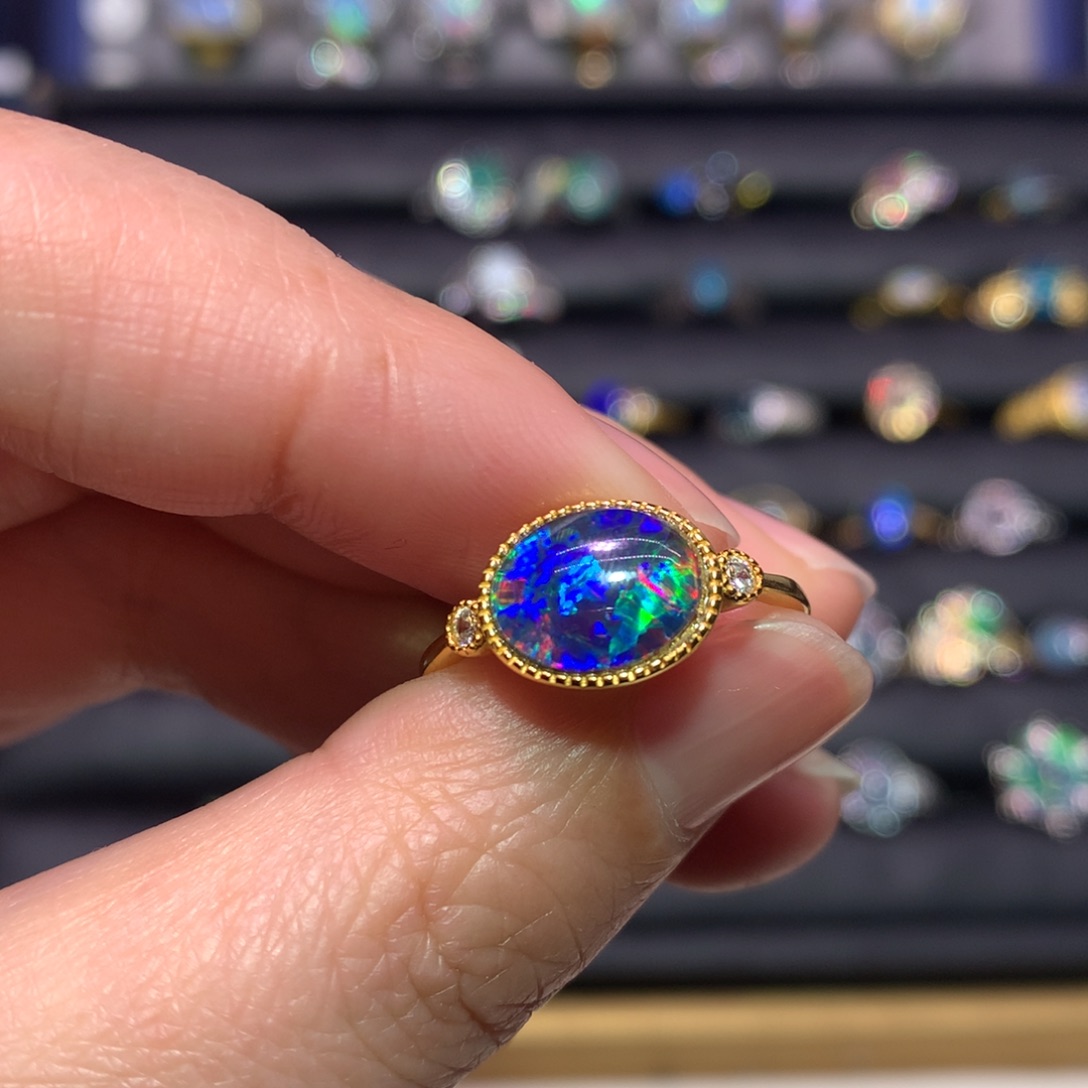 银S925镶嵌欧泊戒指澳洲拼合欧泊