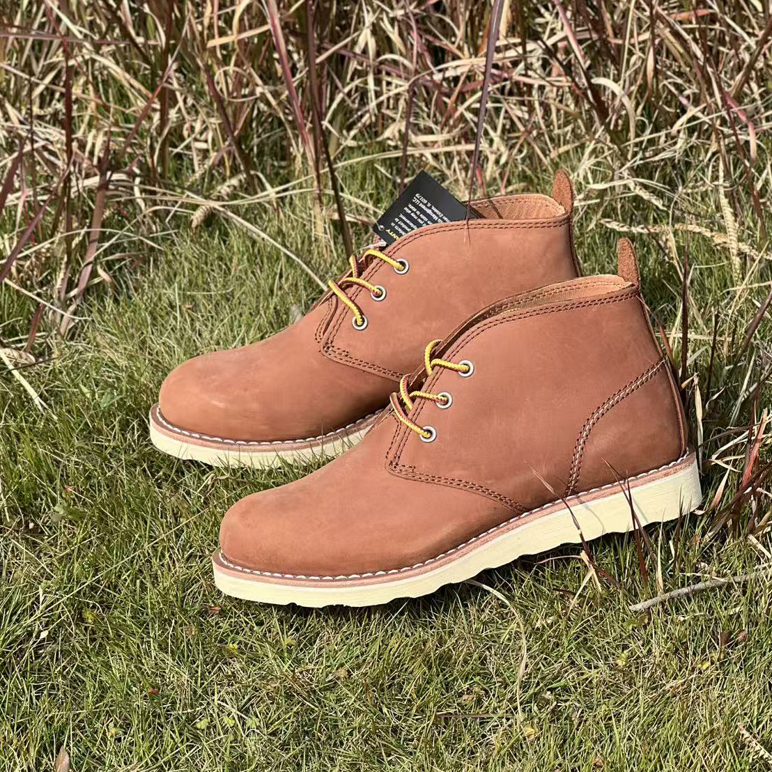 头层磨砂牛皮工装靴轻盈版圆头透气四季款红色男士低帮固特异男鞋