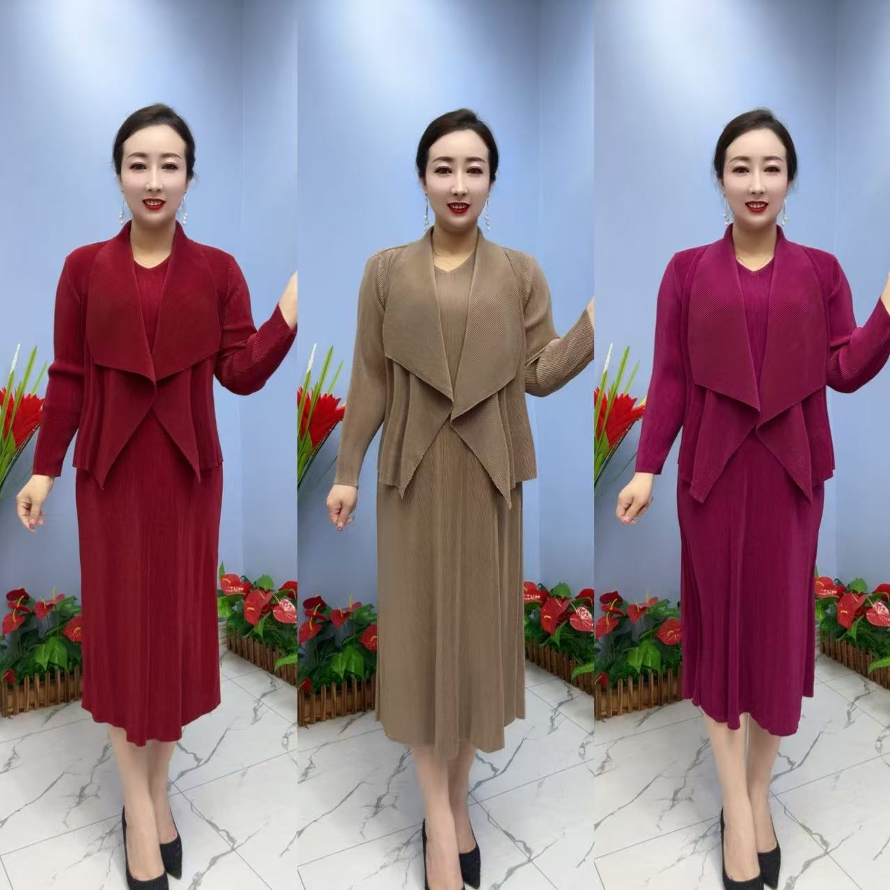 6055款气质时尚重工褶皱女士外衣裙子两件套