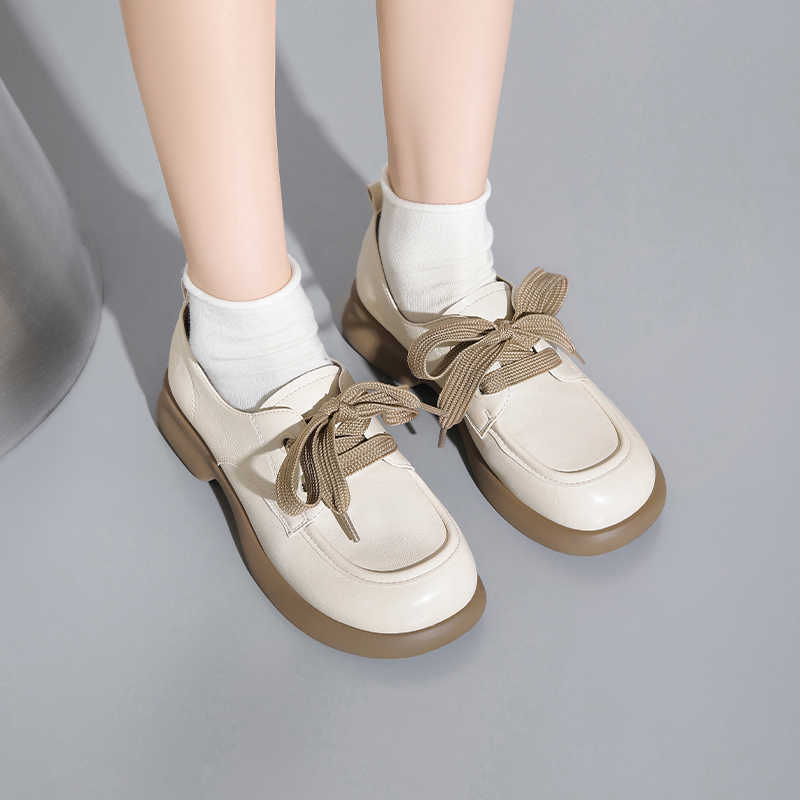 软底小皮鞋女2025秋季新款百搭厚底乐福鞋系带软底通勤英伦风单鞋