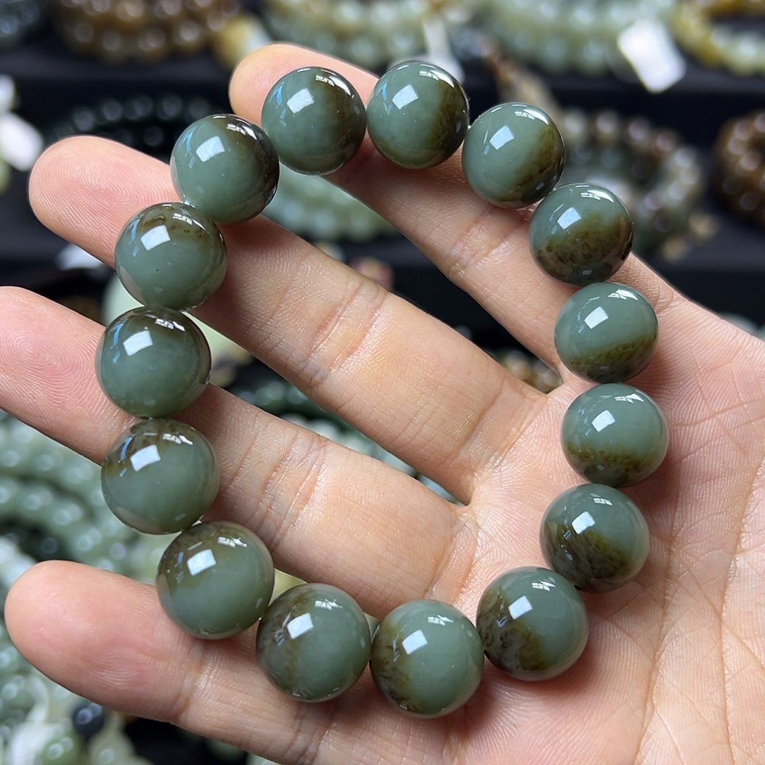 和田玉手链未镶嵌且末蓝聚宝盆卡14圆珠 油润