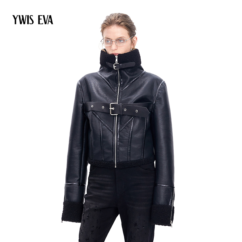 YWIS EVA原创分割结构皮毛一体机车夹克秋冬保暖黑色皮衣外套现货