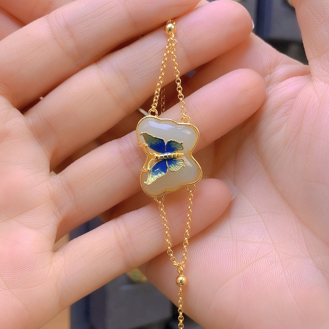 和田玉手链银S925镀金镶嵌