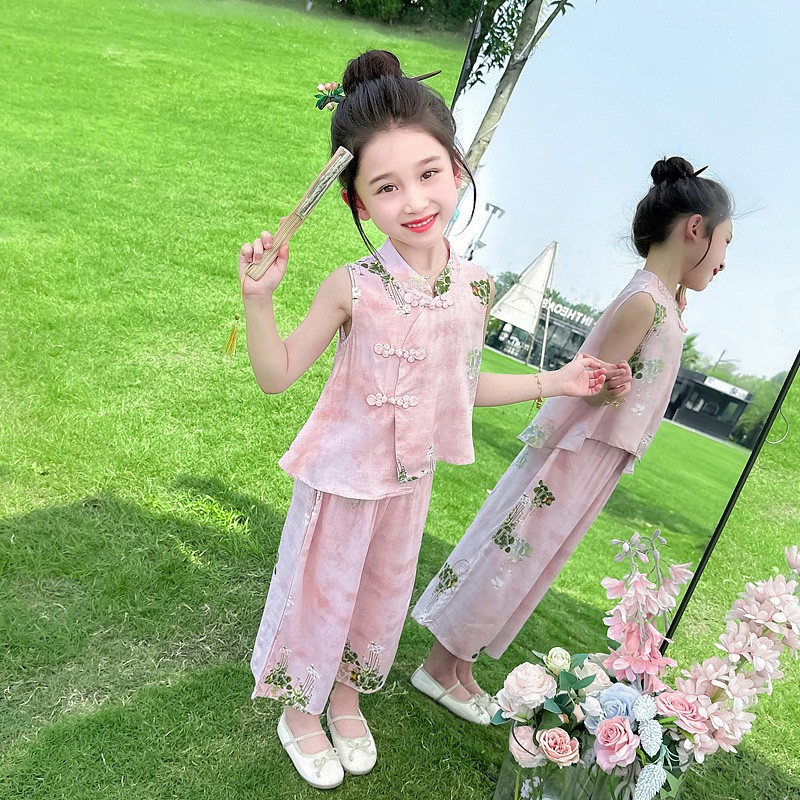 汉服女童棉绸套装夏季2025新款洋气时髦儿童新中式夏装女宝两件套