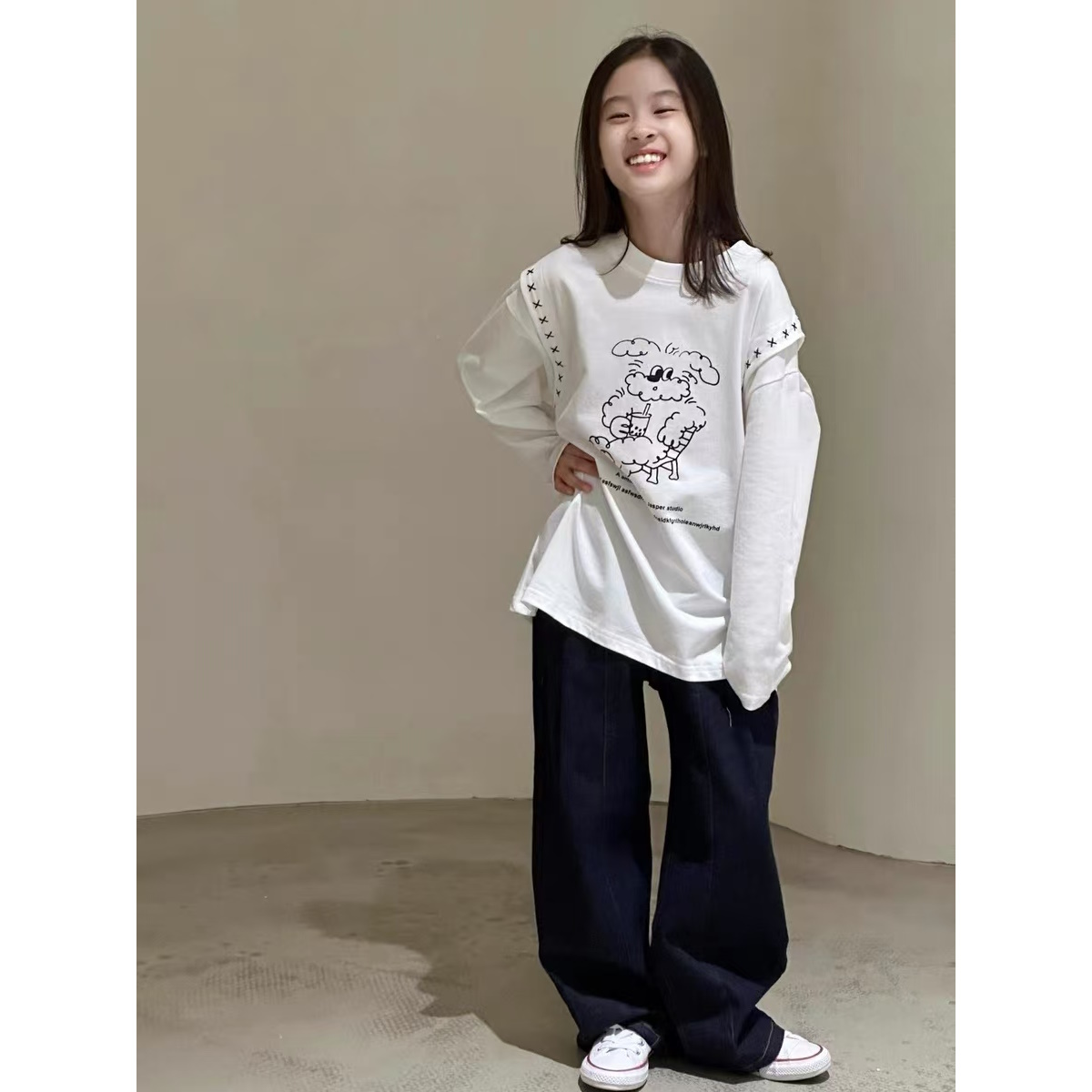 【断码清货】2025秋韩版小狗印花拼接袖女童圆领T恤 D129 129 W